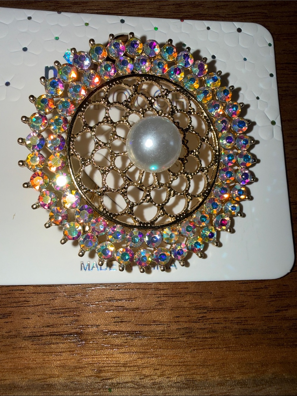 Gold-Tone Faux Pearl Brooch with Iridescent Crystal Halo